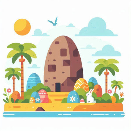 Vector illustration in flat style of the prehistoric landscape with stone pyramids, palm trees and rabbit.のイラスト素材