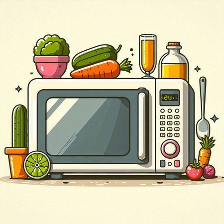 Illustration of a microwave oven with vegetables and fruits on a light backgroundのイラスト素材