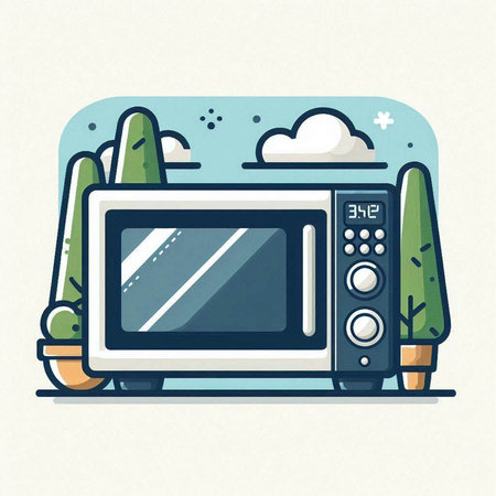 Hand drawn vector illustration of a microwave with a pencil in the background.のイラスト素材