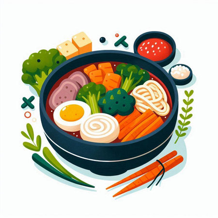 Korean food, Soba noodles with vegetables in bowl, vector illustrationのイラスト素材