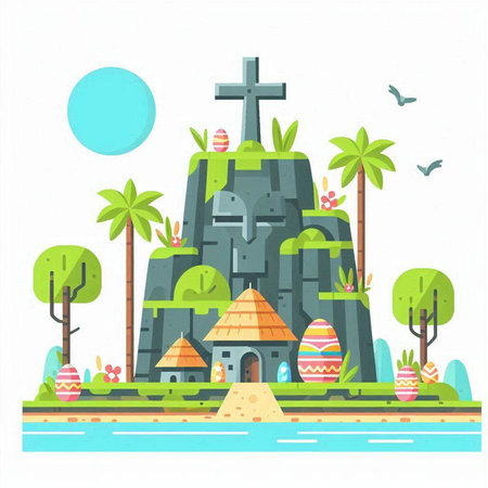 Easter holiday flat vector illustration. Easter eggs in the rocks.のイラスト素材