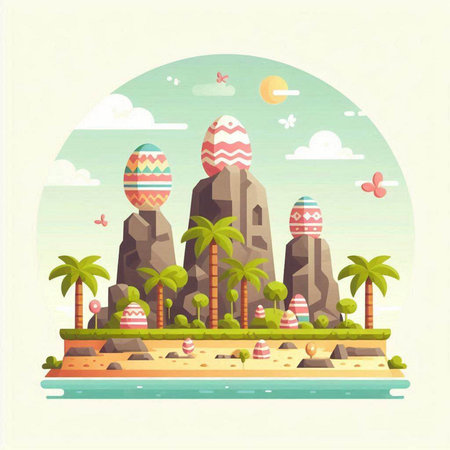 Easter eggs on the beach. Vector illustration in flat style.のイラスト素材