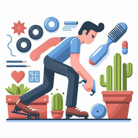 Man with a bottle of wine and a roller skates. Flat style vector illustration.のイラスト素材