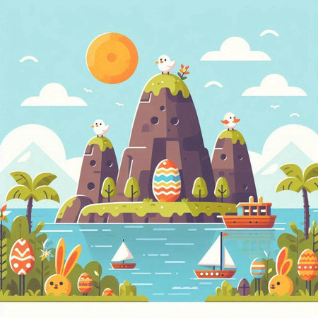 Easter island with eggs and chicks. Vector illustration in flat styleのイラスト素材