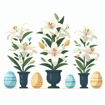 Easter eggs and lily flowers in vases. Vector illustration.のイラスト素材