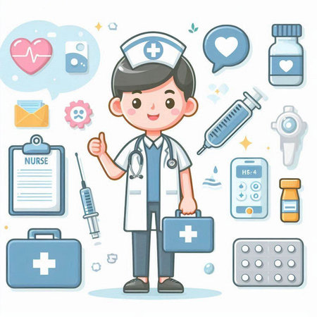 doctor with stethoscope and medical icon set in white background vector illustrationのイラスト素材
