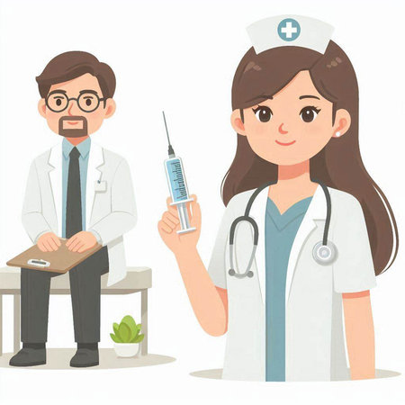 Nurse and doctor with syringe. Vector illustration in cartoon styleのイラスト素材