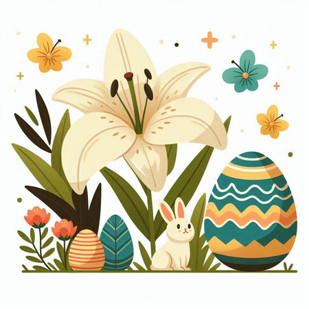Easter background with flowers, eggs and rabbit. Vector illustration.のイラスト素材