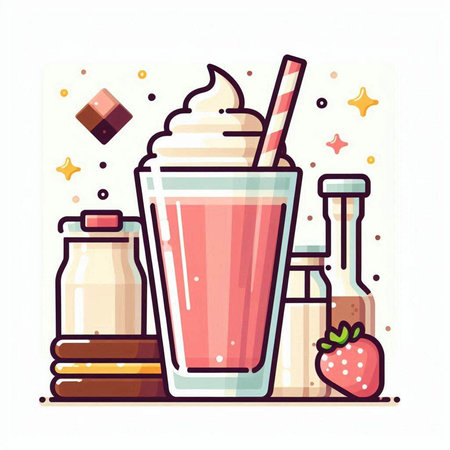 Milkshake in a glass with a straw and a bottle of milk. Vector illustration.のイラスト素材