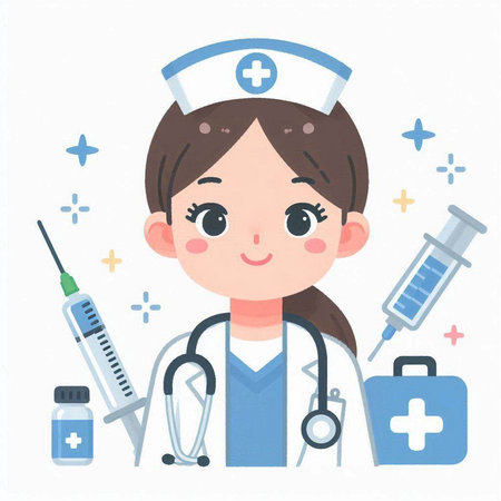 Cute cartoon female doctor with stethoscope and syringe.のイラスト素材