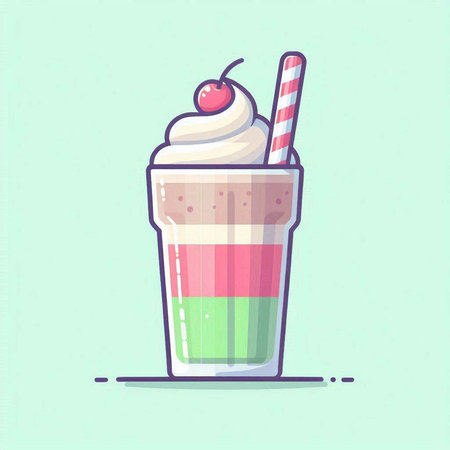 Milkshake with whipped cream, cherry and straw. Vector illustration.のイラスト素材