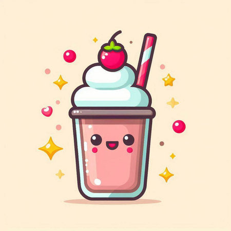 Cute cartoon milkshake with whipped cream and cherry. Vector illustration.のイラスト素材