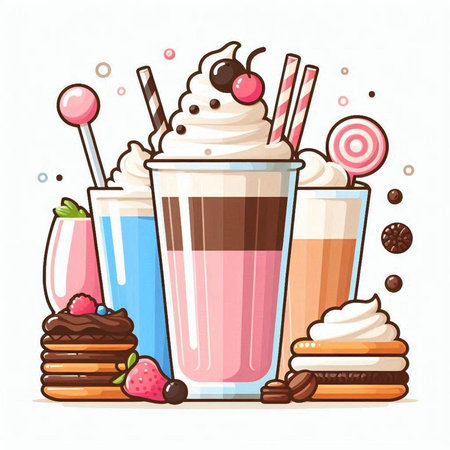 Milkshakes with whipped cream and chocolate. Vector illustration in cartoon style.のイラスト素材