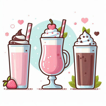 Vector illustration of milkshakes with whipped cream, cherry and chocolateのイラスト素材