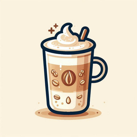 Coffee cup with whipped cream and coffee beans. Vector illustration.のイラスト素材