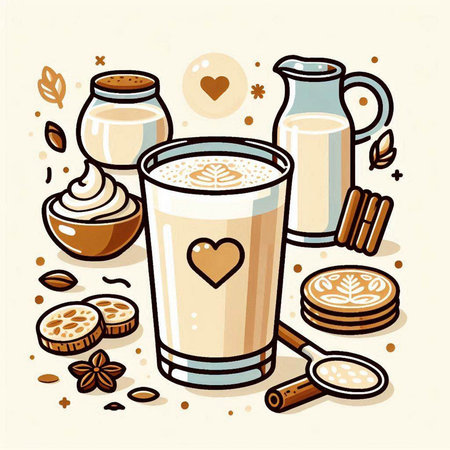 Vector illustration of a cup of coffee with milk, cream, cookies and cinnamon.のイラスト素材