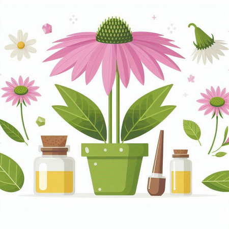 Echinacea flowers in a pot with essential oil. Vector illustration.のイラスト素材