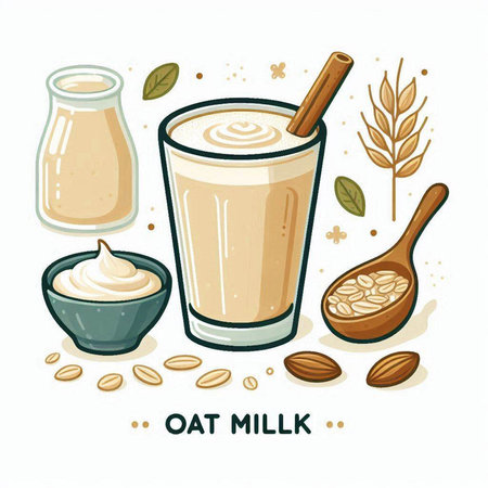 Almond milk in a glass with nuts and spices. Vector illustration.のイラスト素材