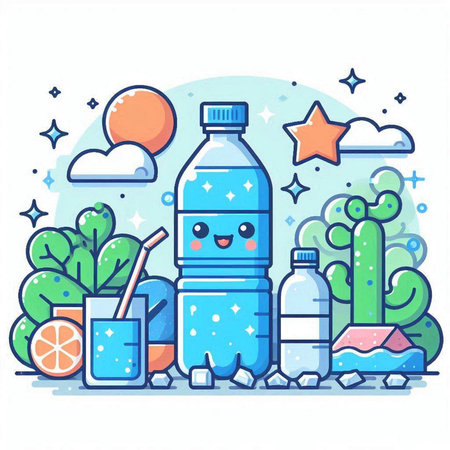 Cute bottle of water character in flat design. Vector illustration.のイラスト素材
