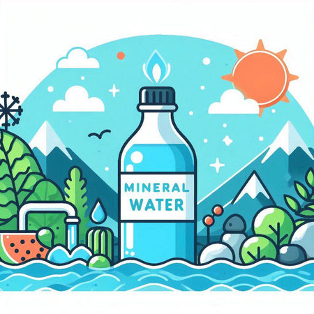 Vector illustration of a bottle of water on a background of mountains and nature.のイラスト素材