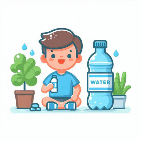 Little boy with a bottle of water. Vector flat cartoon illustration.のイラスト素材