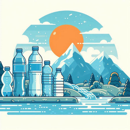 Vector illustration of a mountain landscape with a lake and a bottle of waterのイラスト素材