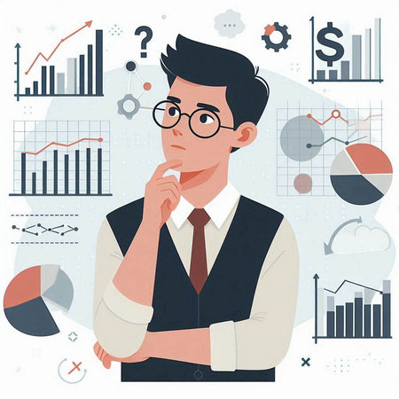 Businessman thinks about business strategy. Vector illustration in flat style.のイラスト素材