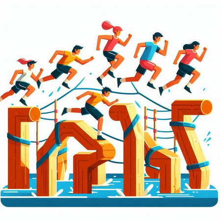 Vector illustration of people running on wooden stairs. Concept of sport and healthy lifestyle.のイラスト素材