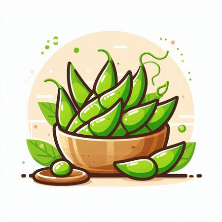 Green peas in a wooden bowl. Vector illustration isolated on white background.のイラスト素材