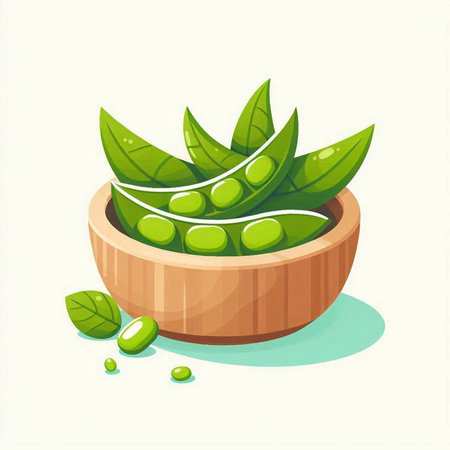 Fresh green peas in wooden bowl with green leaves. Vector illustration.のイラスト素材