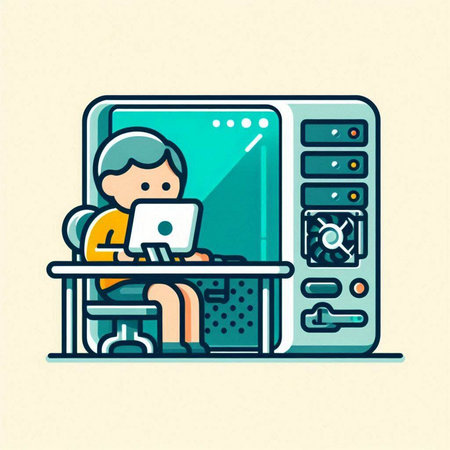 Man working on laptop at home. Vector illustration in flat style.のイラスト素材