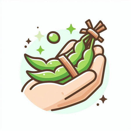Hand holding green pea pod. Vector illustration in line art style.のイラスト素材