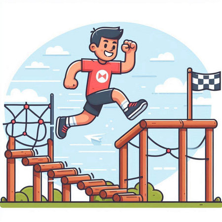 Boy jumping on obstacle course flat vector illustration. Cartoon sporty boy jumping on obstacle course.のイラスト素材