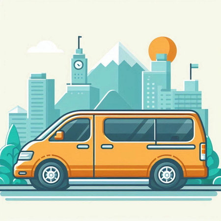 Vector illustration of yellow van on the background of the city landscape.のイラスト素材