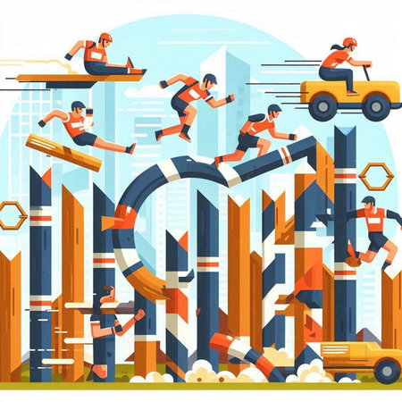 Road construction, vector illustration in flat style. Construction workers, road workers, builders, road workers, men and women on construction siteのイラスト素材