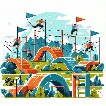 Vector illustration of children's playground in flat style. Kids playing on a slide. Vector illustration.のイラスト素材