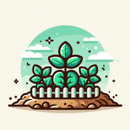 Illustration of a green plant growing in the soil. Vector illustrationのイラスト素材