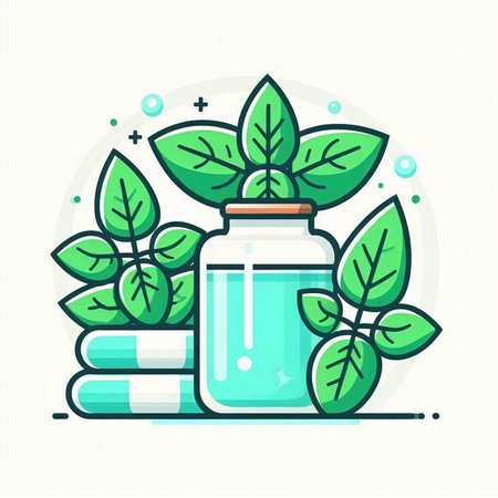 Herbal medicine flat line icon. Herbal pills, leaves and bottle. Alternative medicine concept. Vector illustrationのイラスト素材