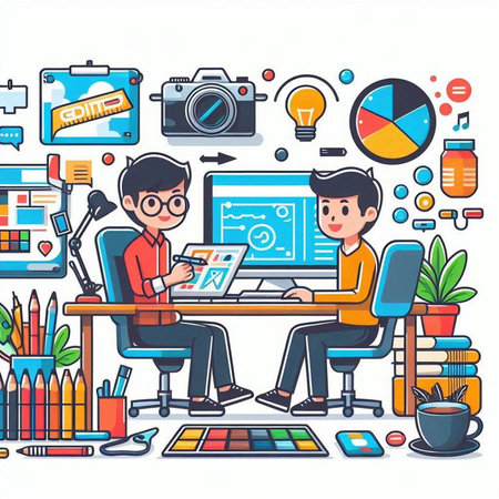 Designer working at his desk in a modern office. Vector illustrationのイラスト素材