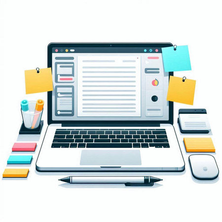 Laptop and office supplies on a white background. Vector illustration.のイラスト素材