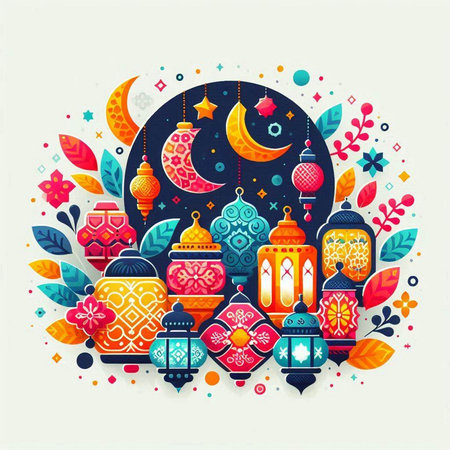 Ramadan Kareem greeting card with ornate lanterns, moon and flowers. Vector illustration.のイラスト素材