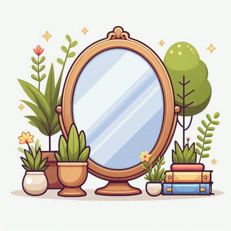 Vector illustration of a cartoon mirror and plants in a flat style.のイラスト素材