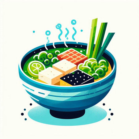 Illustration of a bowl of miso soup with vegetables and tofuのイラスト素材