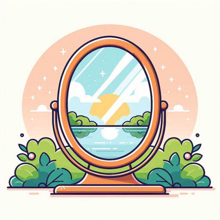 Vector illustration of a round mirror with a reflection of the landscape.のイラスト素材