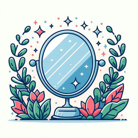 Hand drawn doodle illustration of a mirror with flowers and leavesのイラスト素材