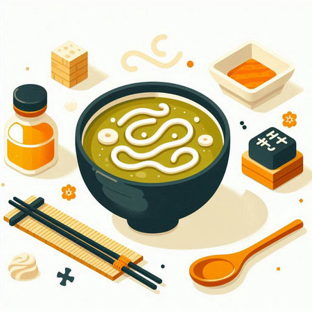 Japanese cuisine vector illustration. Soba soup in bowl with chopsticks and soy sauceのイラスト素材