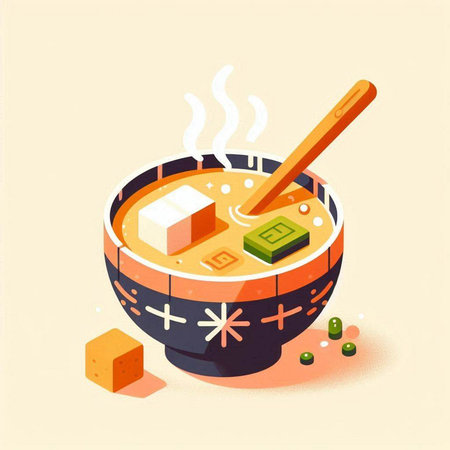 Japanese miso soup in a bowl with wooden spoon vector illustration.のイラスト素材