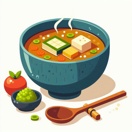 Soup with tofu and cucumber in bowl. Vector illustration.のイラスト素材