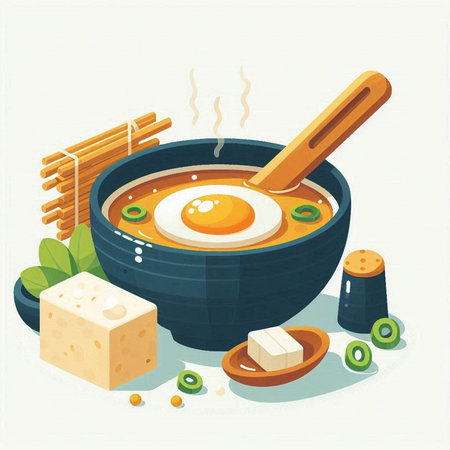 Illustration of a bowl of soup with eggs, tofu and other ingredientsのイラスト素材