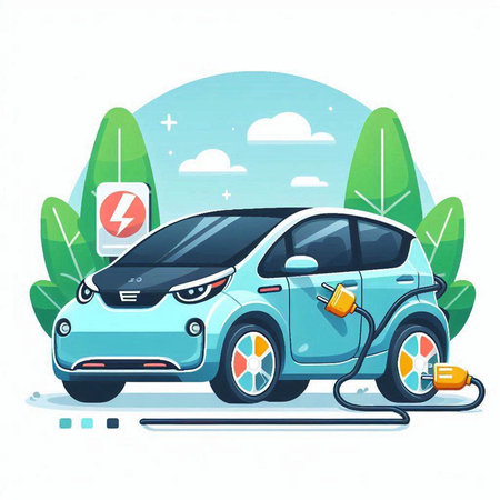 Electric car charging station. Vector illustration on white background. Cartoon style.のイラスト素材